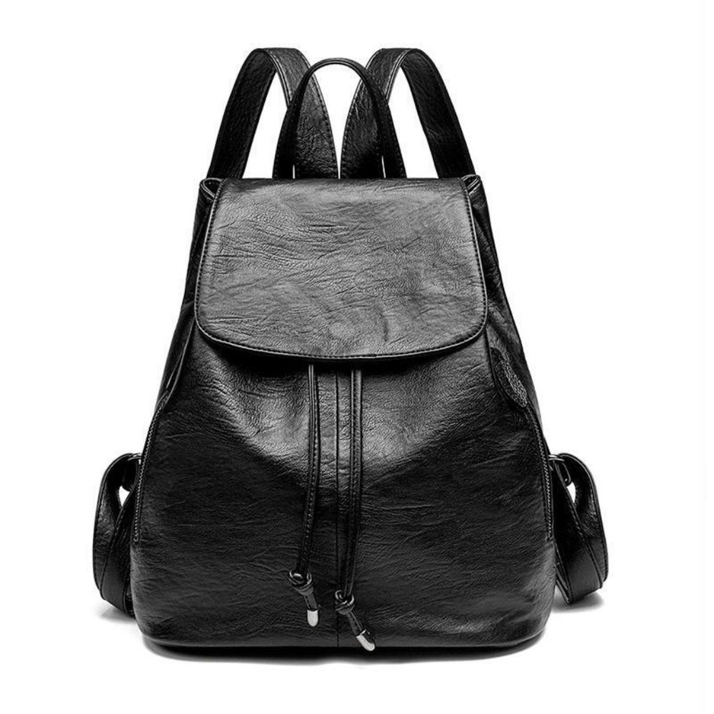 NWT Backpack Vegan PU Leather Flap Top Cover Drawstring Black